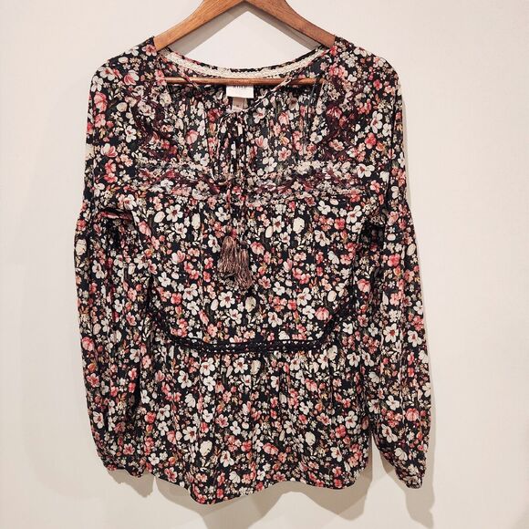 Knox Rose Black Floral Tie Front Bell Sleeve Blouse Size M Boho Hippie Peasant - Picture 1 of 9
